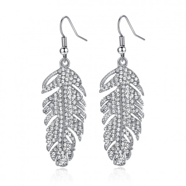 Rhodium Plated Feather Drop Earrings Made with crystals from Swarovski®