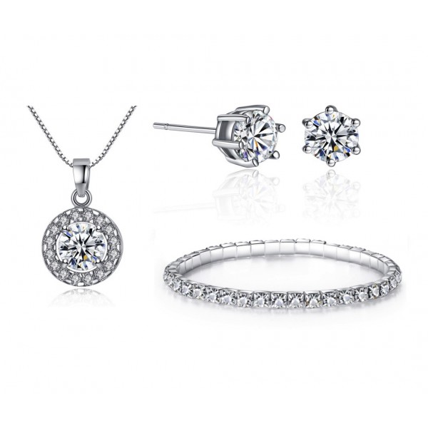 CRYSTAL SOLITAIRE PENDANT, EARRING & BRACELET TRI-SET