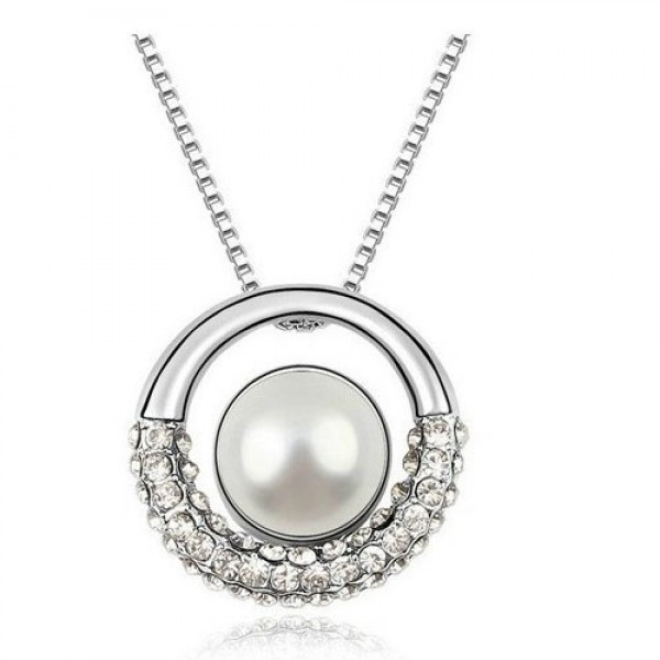 Rhodium PlatedPearl Ring Pendant Made with Cubic Zirconia Crystals