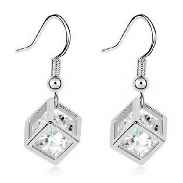 Rhodium Plated Crystal Cube Drop Earrings