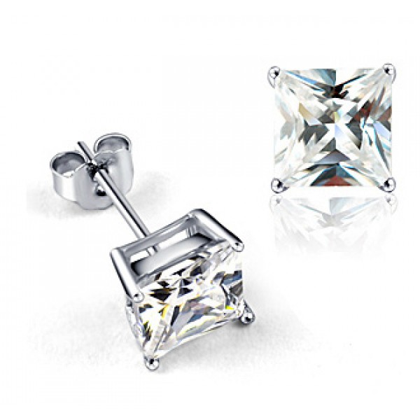 Square Crystal Solitaire Earrings & Rhodium Plated Made with Cubic zirconia