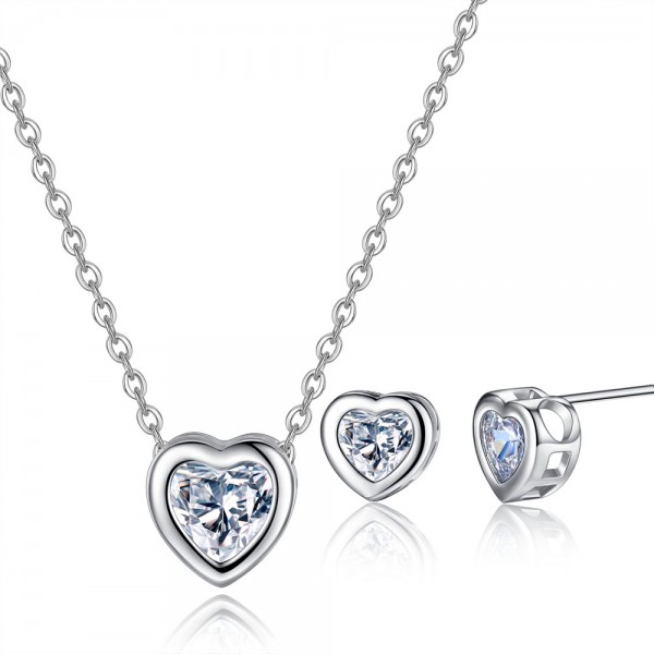 Crystal Heart Within A Heart Set Rhodium Plated