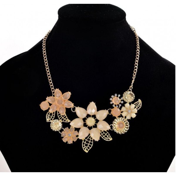 Peach and Champagne Flower & Crystals Statement Necklace