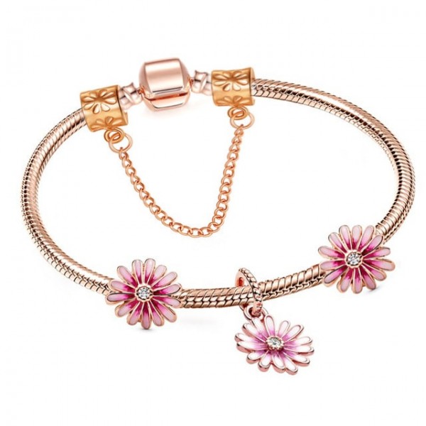 Pink Flower & Rose Gold Charm Bracelet 18.5CM