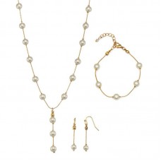 Three Piece Pearl Drop Necklace, Bracelet & Earring Set in Gold or Silver
