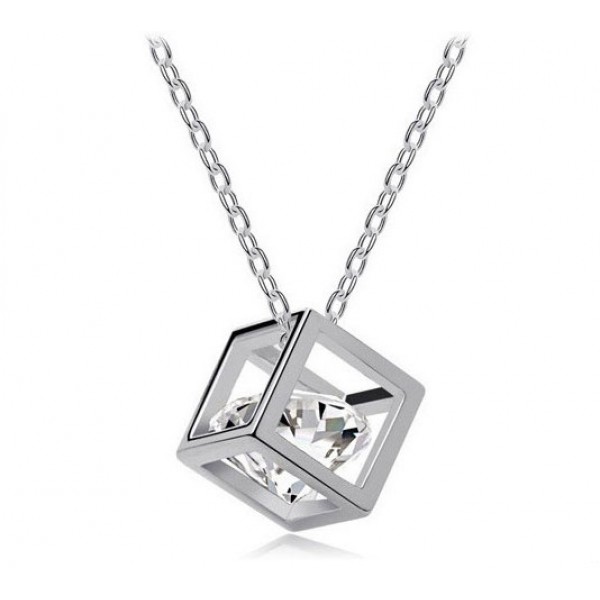 Rhodium Plated Crystal Cube Pendant