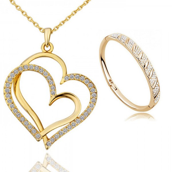 Gold plated Twin Heart Pendant and Gold Plated Bangle