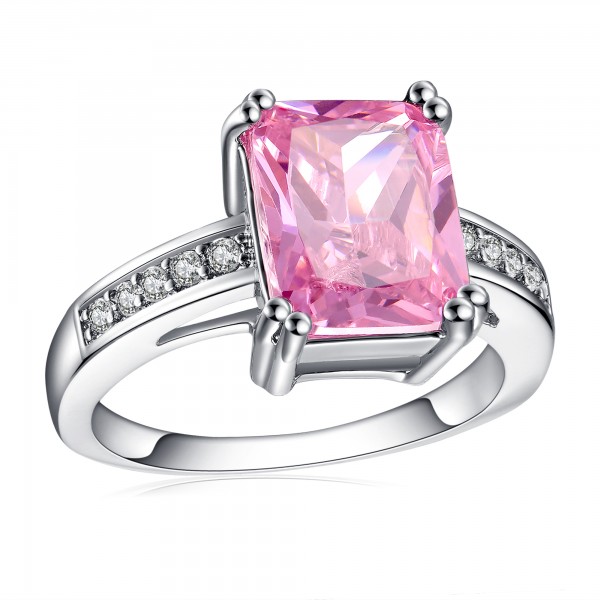 2.5 CARAT Pink Lab-Created Sapphire Emerald Cut Rhodium Plated Ring