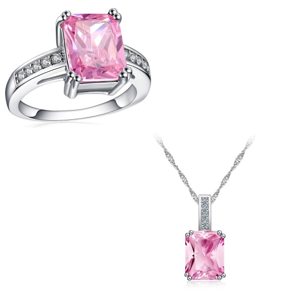 5.0 CARAT Emerald Cut Pink Lab-Created Sapphire Rhodium Plated Ring & Pendant Set