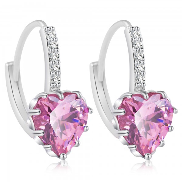 Heart Cut Pink Lab-Created Sapphire Rhodium Plated Earrings