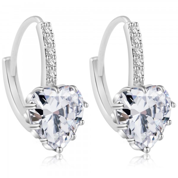 Heart Cut Clear Lab-Created Sapphire Rhodium Plated Earrings