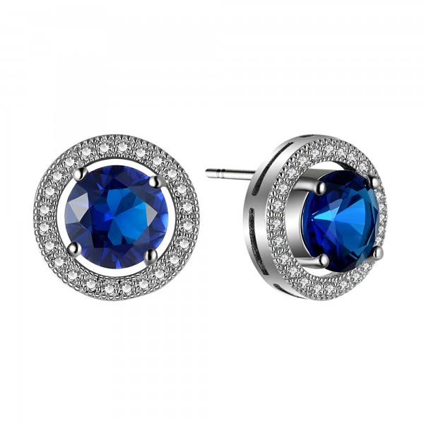 BRILLIANT CUT BLUE LAB-CREATED SAPPHIRE RHODIUM PLATED EARRINGS