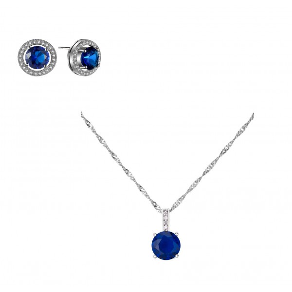 BRILLIANT CUT BLUE LAB-CREATED SAPPHIRE RHODIUM PLATED EARRINGS AND PENDANT SET