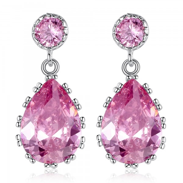 6 Carat Pink Lab-Created Sapphire Pear Cut Rhodium Plated Earrings