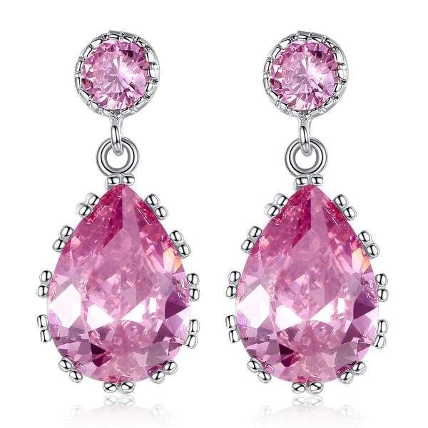 6 Carat Pink Lab-Created Sapphire Pear Cut Rhodium Plated Earrings
