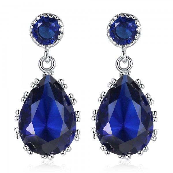 6 Carat Blue Lab-Created Sapphire Pear Cut Rhodium Plated Earrings