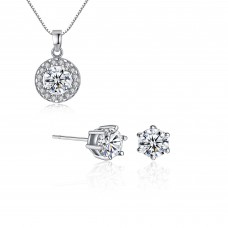 Clear Rhodium Plated Ring Circle Solitaire Pendant & Earring Set