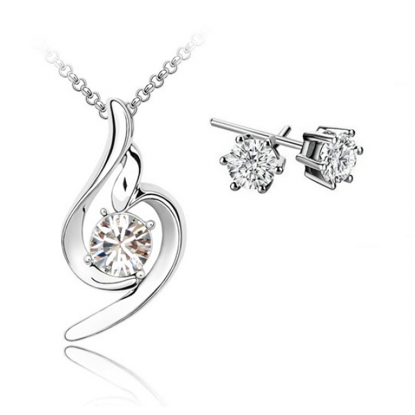 Clear Swirl Pendant & Earrings Set with Rhodium Plated Plating 