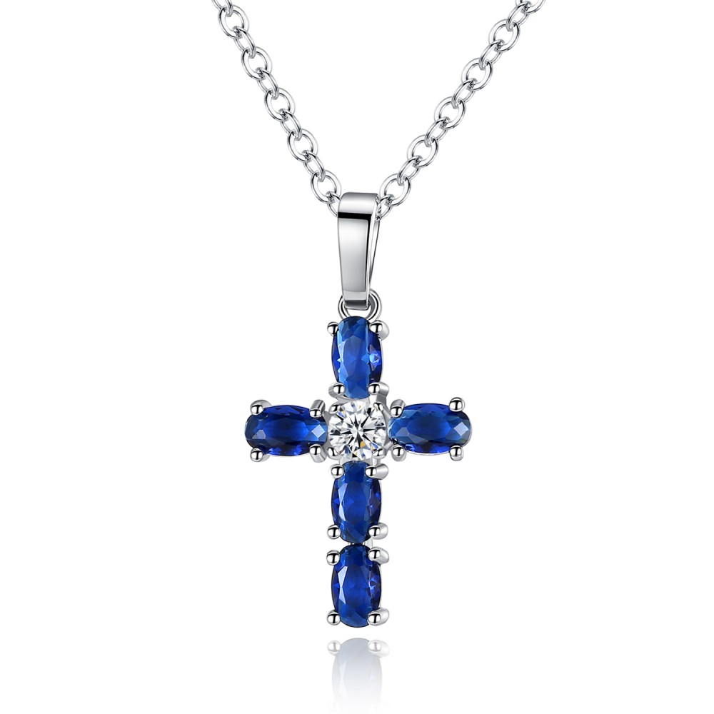 Solid Platinum Created Blue Sapphire Cross Crucifix Charm Pendant Chain ...